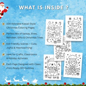 Preview of what’s inside the Christmas coloring book bundle, featuring pages of Santa, reindeer, elves, and snowmen with gifts and Christmas trees, designed for joyful and festive coloring fun.