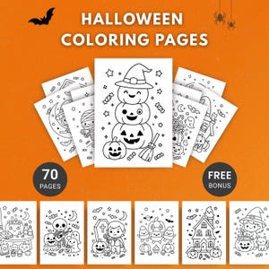 May include: Halloween coloring pages with 70 pages and a free bonus. The pages feature various Halloween-themed illustrations, including a pumpkin snowman, ghosts, and witches. The text "Halloween Coloring Pages" is displayed at the top.