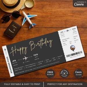 May include: A black and gold boarding pass with the words "Happy Birthday" in gold script. The pass includes flight details from JFK to FCO, a passenger name, and a special message. A travel theme is suggested by the presence of a passport, sunglasses, and a toy airplane.