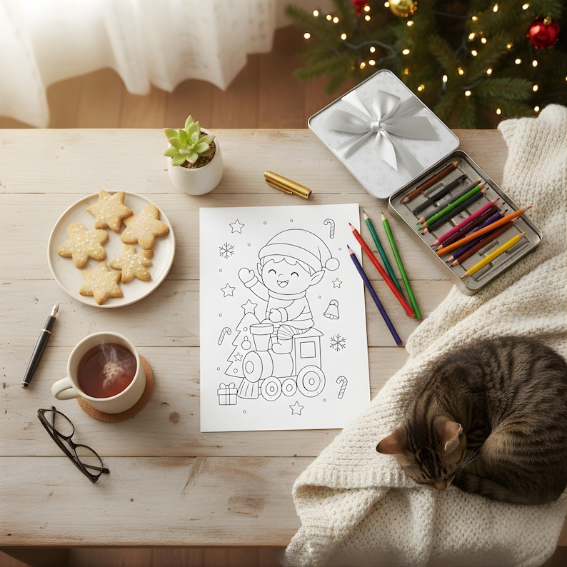 Cozy Christmas coloring setup with a printable elf-on-train coloring page, cookies, tea, colored pencils, and a sleeping cat beside a Christmas tree.