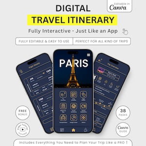 Puede incluir: Itinerario de viaje digital mostrado en tres smartphones. El teléfono central muestra la Torre Eiffel con la palabra "PARIS". Otras pantallas muestran detalles del vuelo y resumen del viaje. El texto incluye "Totalmente editable y fácil de usar".