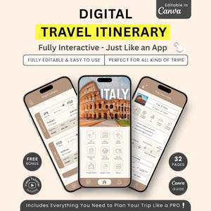 May include: Digital travel itinerary displayed on three smartphones. The central phone shows "ITALY" with the Colosseum. Other screens display flight details and trip overview. Includes "Free Bonus" and "Video Tutorial Included" icons.