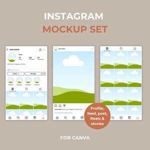 May include: Instagram mockup set with three screens: a profile page, a post, and a grid layout. The screens feature a landscape design with green hills, blue skies, and white clouds. Text includes "Instagram Mockup Set" and "For Canva."