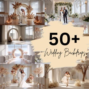 Puede incluir: Un collage de fondos de boda, que muestra varios estilos. La imagen presenta arcos florales, escenarios interiores y exteriores, y parejas. La superposición de texto dice "50+ Wedding Backdrops."