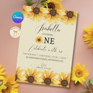 Uitnodigingsbundel met bloementhema | Verjaardagsuitnodiging zonnebloem | Bloemenfeestuitnodiging | Digitale CANVA-download