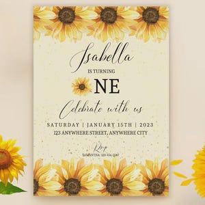 Sunflower Birthday Invitation | Sunflower Theme Birthday | Editable Rustic Invitation Template | Sunflower First Birthday Invite