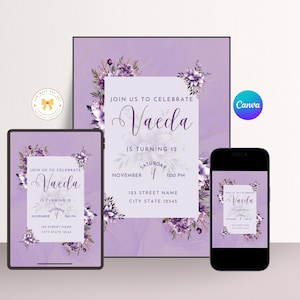 Convite de Aniversário Floral Roxo – Modelo Editável do Canva | Convite para Festa Boho para Meninas | Download Digital 5x7 | Tema Jardim de Primavera