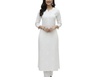 Kurti de muselina blanca pura Lucknowi Chikankari / Kurta de muselina de algodón suave bordada a mano para mujer, envío rápido, tallas 38-46