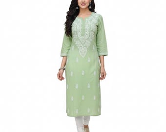 Grüne Chikankari Baumwolle Kurti: Tägliche Kleidung Baumwolle Salwaar Kameez | Handbestickte reine Baumwolle Kurta/Kurti für Frauen | Set aus 100% Baumwolle