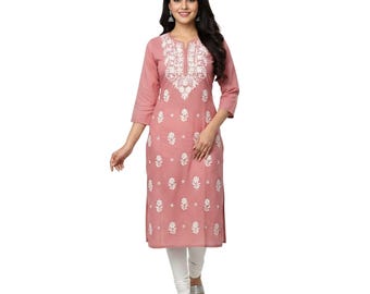 Chikankari Pfirsich Baumwolle Kurti: Bestickte Baumwolle Kurta für Frauen | Stickerei Lange Baumwolle Kurta/Kurti | Indischer Baumwolle Kurti mit Hose