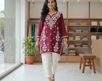 Chikankari Wine Short Kurti: Modal Fabric Hand Embroidered Lucknowi Top Kurta | Indian Short Kurti | Boho Ethnic Wear Short Kameez 38-46