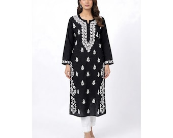 Black Hand Embroidered Cotton Kurti: Lucknowi Black Straight Side Baile Pattern Cotton Kurta | Indian Cotton Salwaar Kameez with White Pant