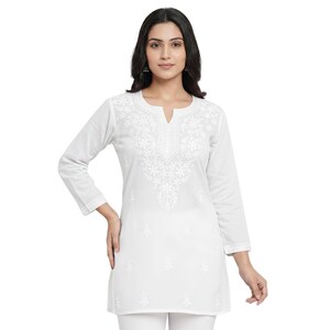 White Chikankari Short Cotton Kurti: Hand Embroidered White Kurta Top | Traditional Indian Tunic Top | Boho Summer Wear for Women Size 38-46 image 4