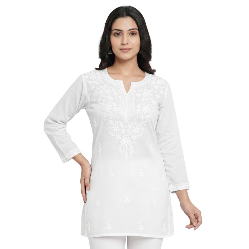 White Chikankari Short Cotton Kurti: Hand Embroidered White Kurta Top | Traditional Indian Tunic Top | Boho Summer Wear for Women Size 38-46 image 4