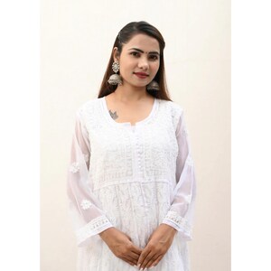 White Chikankari Anarkali Kurti | White Anarkali Dress | Pure Hand Thread Embroidery | Indian Anarkali Set for Women | White Anarkali Gown image 11