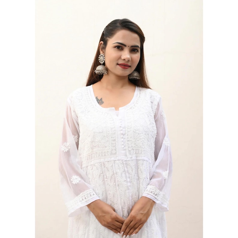 White Chikankari Anarkali Kurti | White Anarkali Dress | Pure Hand Thread Embroidery | Indian Anarkali Set for Women | White Anarkali Gown image 11