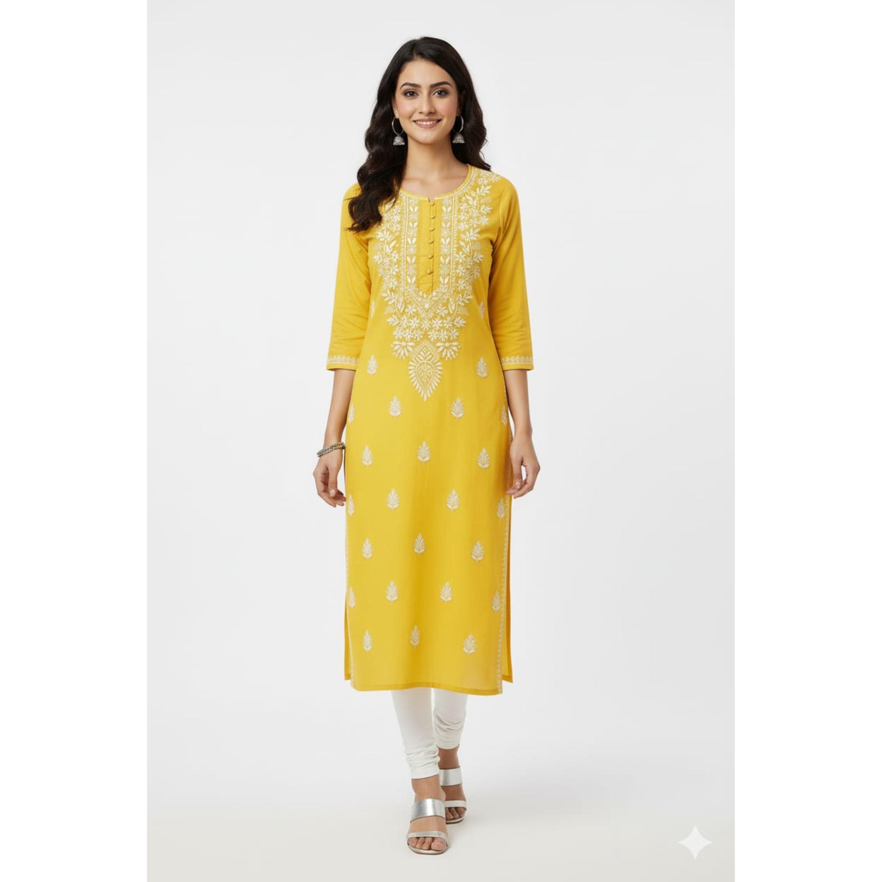 Bimba Women's Yellow Anarkali Kurta - Long Cotton Indian Ethnic Dress Kurti