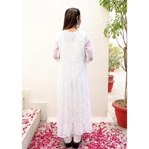 White Chikankari Anarkali Kurti | White Anarkali Dress | Pure Hand Thread Embroidery | Indian Anarkali Set for Women | White Anarkali Gown image 12