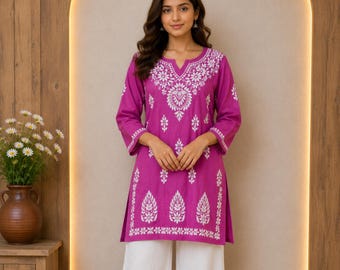 Hand Embroidered Chikankari Modal Kurti: Lucknowi Boho Ethnic Top