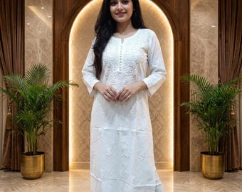 Kurti de algodón blanco: Kurta de algodón bordada a mano para mujeres y niñas / Vestido blanco Chikankari bordado a mano / Kurti de algodón blanco indio