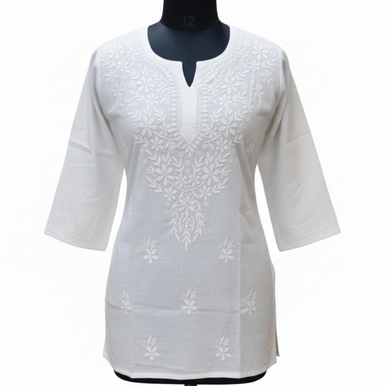White Chikankari Short Cotton Kurti: Hand Embroidered White Kurta Top | Traditional Indian Tunic Top | Boho Summer Wear for Women Size 38-46 image 5