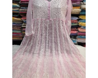 Pink Chikankari Kurti Anarkali Pattern with White Slip Full Embroidery Work Size 38-44