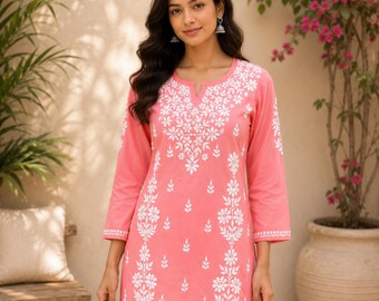 Pink Chikankari Kurti: Hand Embroidered Lucknowi Modal Cotton Top, Boho Ethnic Wear