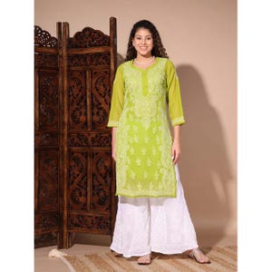 New Lucknowi Green Georgette Chikankari Kurti Full Embroidery Work Kurta Set with Matching Slip Matching Chikankari Sharara Set Size 38-44