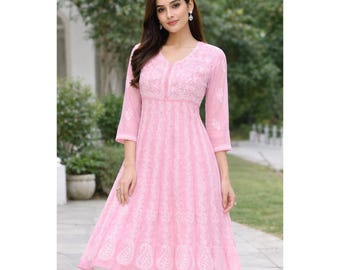 Pink Chikankari Anarkali Kurti | Pink Anarkali Dress | Pure Hand Thread Embroidery | Indian Anarkali Set for Women, Pink Anarkali Suit Women