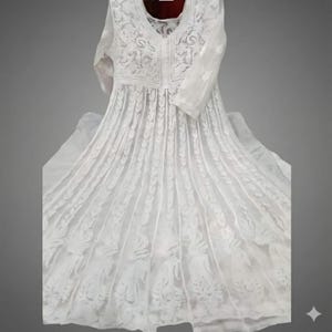 White Chikankari Anarkali Kurti | White Anarkali Dress | Pure Hand Thread Embroidery | Indian Anarkali Set for Women | White Anarkali Gown image 6