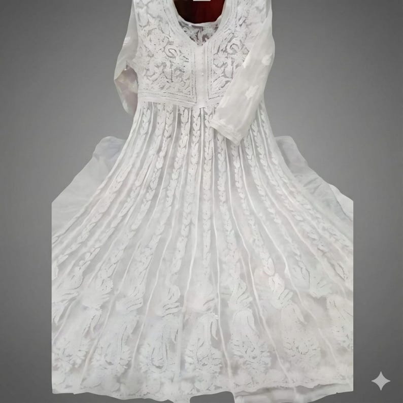 White Chikankari Anarkali Kurti | White Anarkali Dress | Pure Hand Thread Embroidery | Indian Anarkali Set for Women | White Anarkali Gown image 6