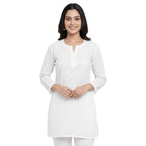 White Chikankari Short Cotton Kurti: Hand Embroidered White Kurta Top | Traditional Indian Tunic Top | Boho Summer Wear for Women Size 38-46 image 1