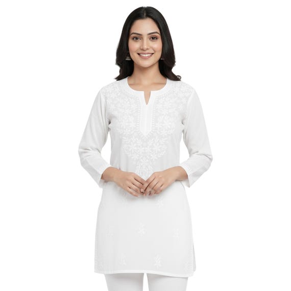 White Chikankari Short Cotton Kurti: Hand Embroidered White Kurta Top | Traditional Indian Tunic Top | Boho Summer Wear for Women Size 38-46