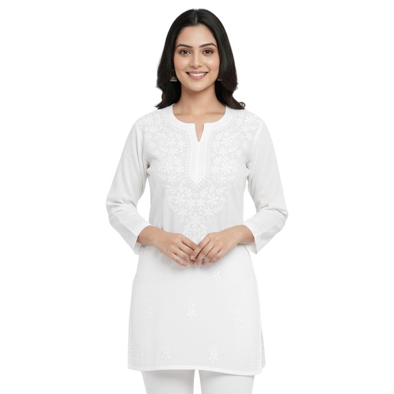 White Chikankari Short Cotton Kurti: Hand Embroidered White Kurta Top | Traditional Indian Tunic Top | Boho Summer Wear for Women Size 38-46 image 1