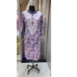 New Lucknowi Mulmul Printed Long Cotton Kurti | Chikankari Embroidery Kurta for Women | Indian Traditional Dress Size 38-46 Fast Shipping
