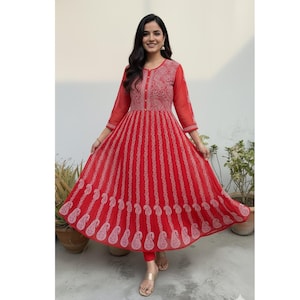 Red Chikankari Anarkali Kurti | Red Anarkali Dress | Pure Hand Thread Embroidery | Indian Anarkali Set for Women | Red Anarkali Suit Women