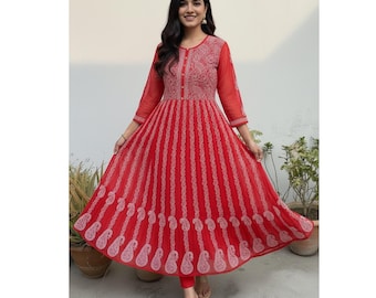 Red Chikankari Anarkali Kurti | Red Anarkali Dress | Pure Hand Thread Embroidery | Indian Anarkali Set for Women | Red Anarkali Suit Women