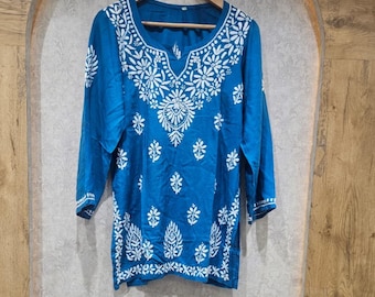 Chikankari Modal Short Kurti: Chikankari Top Kurti bordado a mano / Boho Ethnic Wear / Lucknowi Modal Top Size 38 - 46