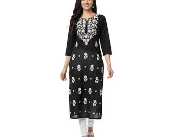 Chikankari Black Cotton Kurti: Hand Embroidered Cotton Kurta for Women | Long Embroidery Cotton Kurta/Kurti | Indian Cotton Kurti with Pant
