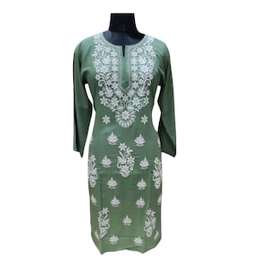Lucknowi Green Computer Cotton Rayon Kurti Straight Kurta with Salwaar Size 38-46 Fast Shipping