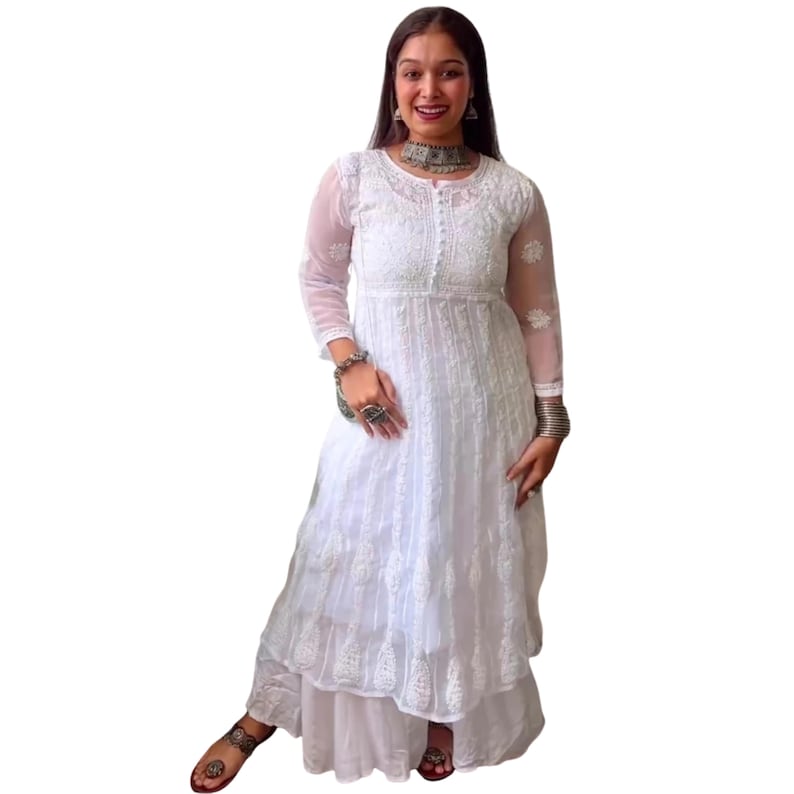 White Chikankari Anarkali Kurti | White Anarkali Dress | Pure Hand Thread Embroidery | Indian Anarkali Set for Women | White Anarkali Gown image 9