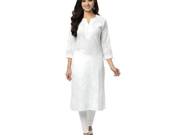 White Cotton Kurti: Hand Embroidered Salwaar Kameez for Women | White Embroidery Kurta Set | Long Wear Kurties | Size 38-46 Fast Shipping