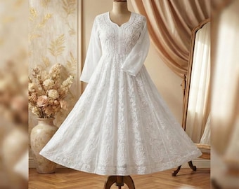 White Chikankari Anarkali Kurti | White Anarkali Dress | Pure Hand Thread Embroidery | Indian Anarkali Set for Women | White Anarkali Gown