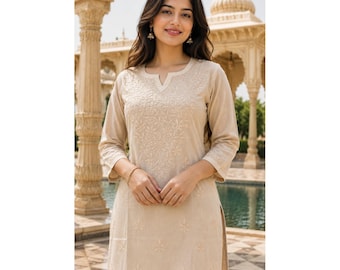 Embroidered Premium Cotton Short Fancy Kurti Dyed: Chikankari Embroidery Short Top, Women's Ethnic Wear