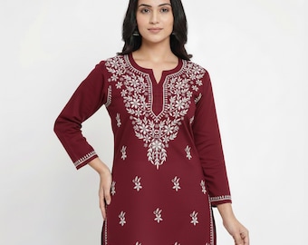 Kurti corto de algodón Chikankari color vino: Kurta bordado a mano / Túnica tradicional india / Ropa de verano bohemia para mujer talla 38-46