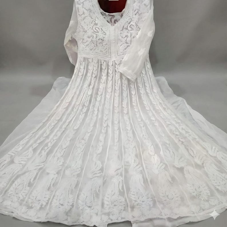 White Chikankari Anarkali Kurti | White Anarkali Dress | Pure Hand Thread Embroidery | Indian Anarkali Set for Women | White Anarkali Gown image 7