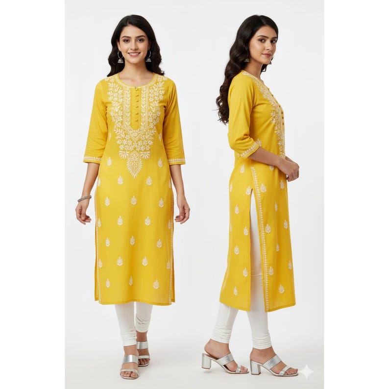 Chikankari Yellow Cotton Kurti: Indian Salwaar Kameez Women | Lucknowi Kurti/Kurta for Girls | Hand Embroidered Pure Cotton Kurta for Women image 2
