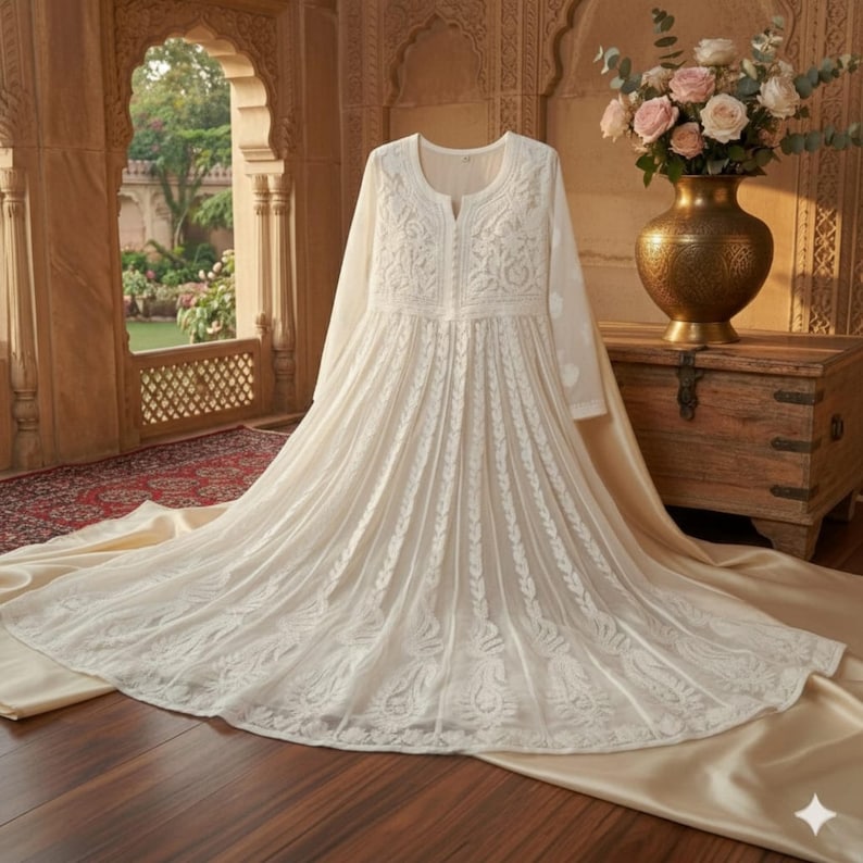 White Chikankari Anarkali Kurti | White Anarkali Dress | Pure Hand Thread Embroidery | Indian Anarkali Set for Women | White Anarkali Gown image 2
