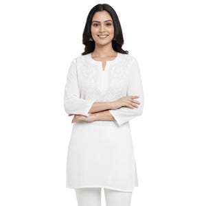 White Chikankari Short Cotton Kurti: Hand Embroidered White Kurta Top | Traditional Indian Tunic Top | Boho Summer Wear for Women Size 38-46 image 3