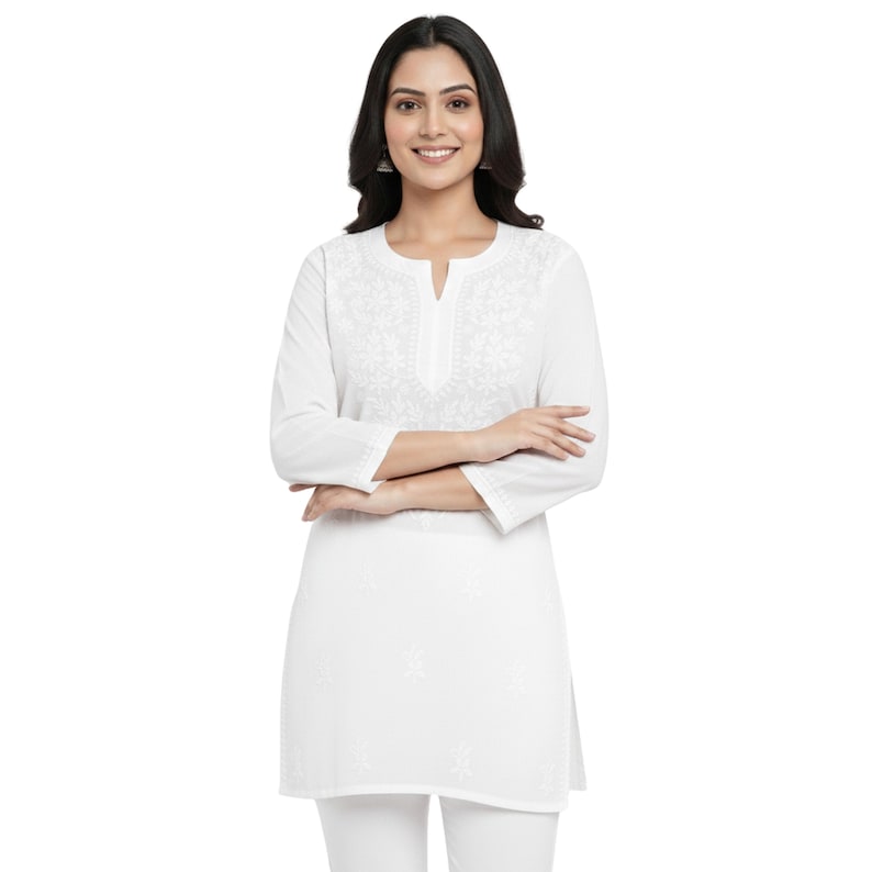 White Chikankari Short Cotton Kurti: Hand Embroidered White Kurta Top | Traditional Indian Tunic Top | Boho Summer Wear for Women Size 38-46 image 3